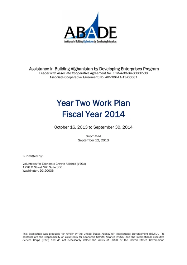 Assistance in Building Afghanistan by Developing Enterprises Program Year Two Work Plan Fiscal Year 2014