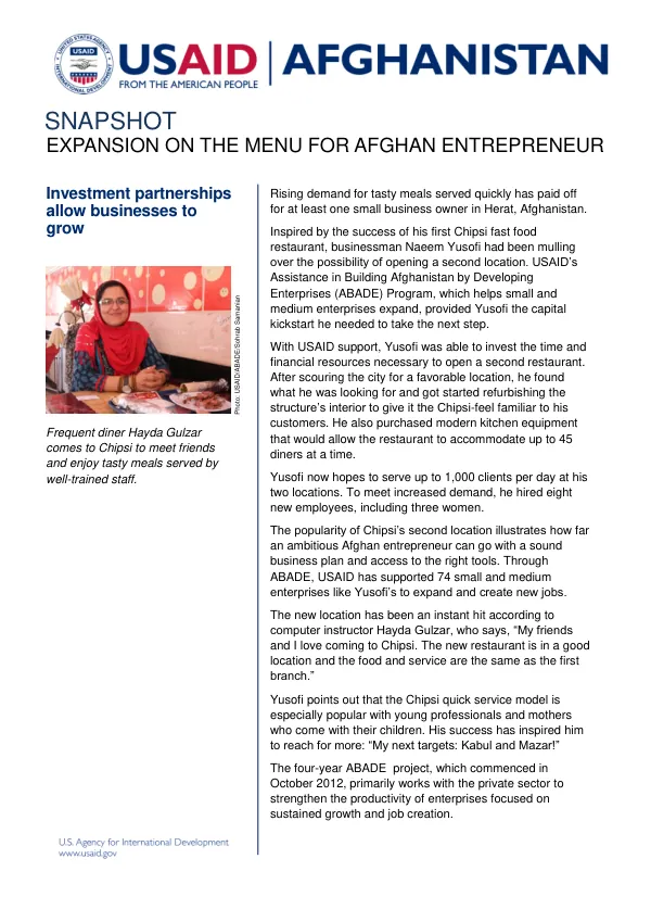 USAID's Assistance in Building Afghanistan by Developing Enterprises (ABADE) Program: Expansion on the Menu for Afghan Entrepreneurs