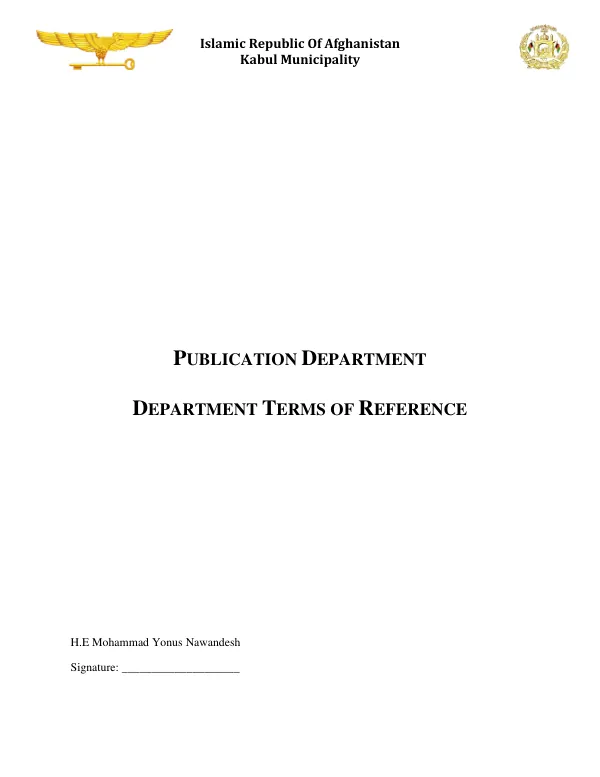 Department Terms of Reference for Publication Department of Kabul Municipality