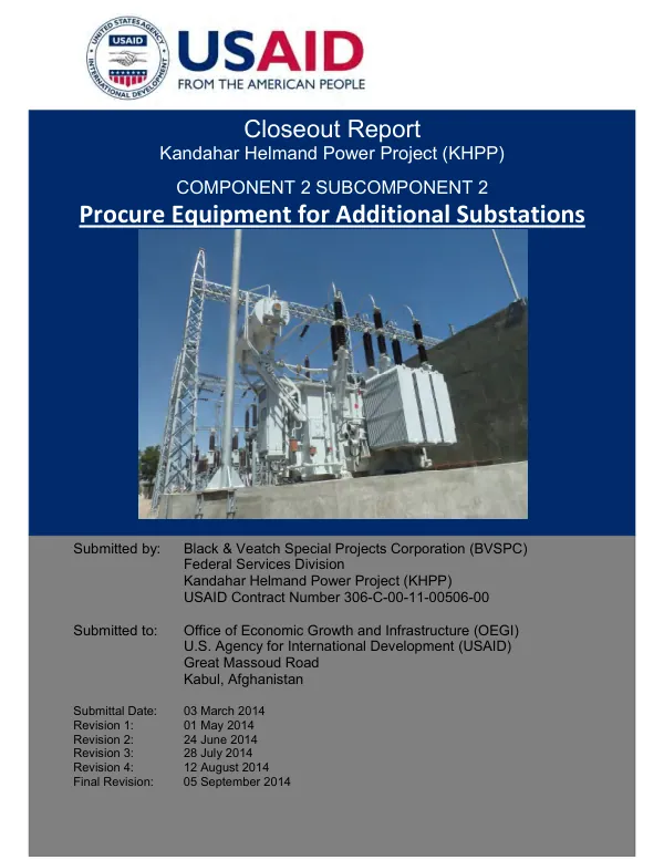 Kandahar Helmand Power Project (KHPP) Closeout Report