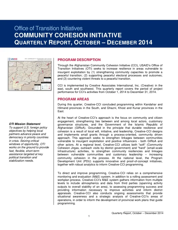 Quarterly Report, October – December 2014: Afghanistan Community Cohesion Initiative