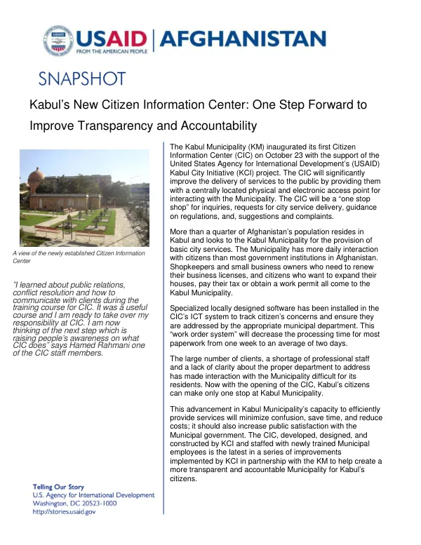 Kabul's New Citizen Information Center: One Step Forward to Improve Transparency and Accountability