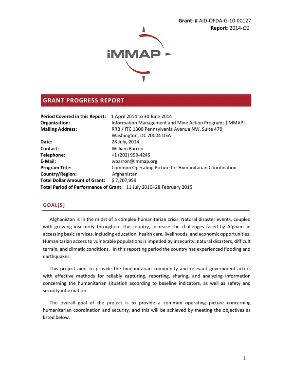 Quarterly Performance Report April-June 2014 for Grant # AID-OFDA-G-10-00127