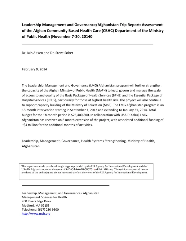 Leadership Management and Governance/Afghanistan Trip Report: Assessment of the Afghan Community Based Health Care (CBHC) Department of the Ministry of Public Health