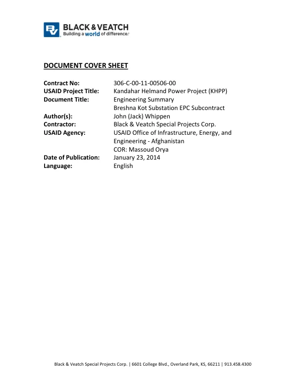 Engineering Summary: Kandahar Breshnakot EPC Sub-Contract – KDBK 73.1010