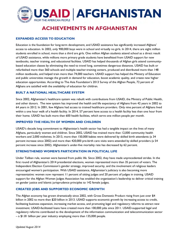 USAID Achievements in Afghanistan: 2002-2014