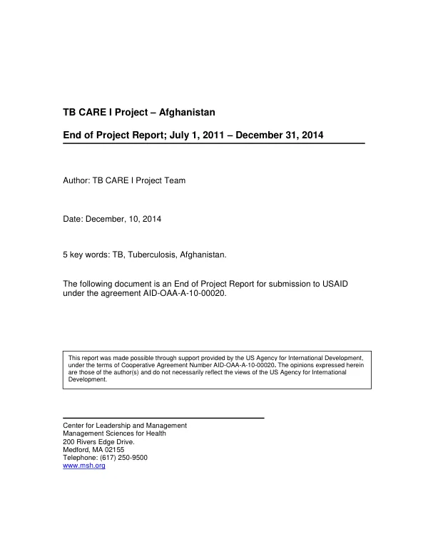 TB CARE I Project – Afghanistan End of Project Report
