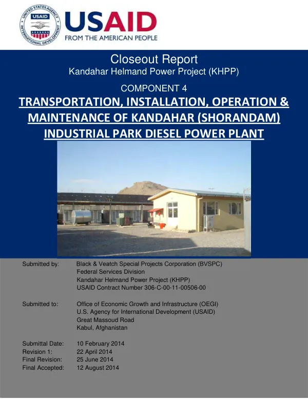 Closeout Report: pfma Component Q - Transportation, Installation, Operation and Maintenance of Handahar (Shoranam) Industrial Park