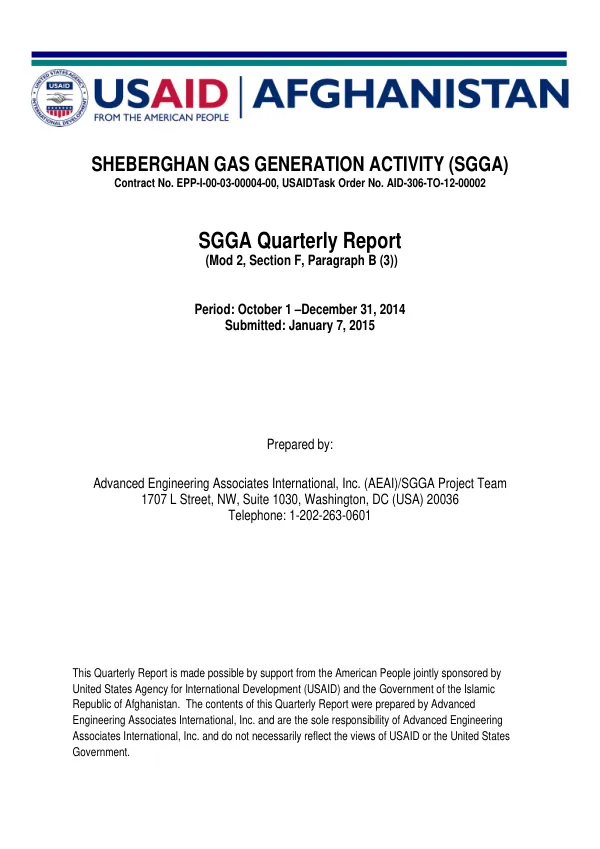 Sheberghan Gas Generation Activity (SGGA) Quarterly Report