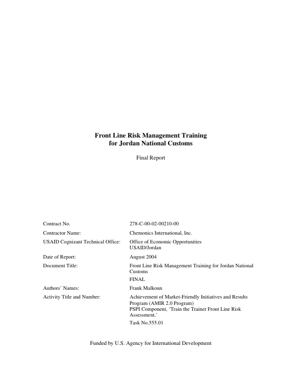 Front line risk management training for Jordan National Customs : final report