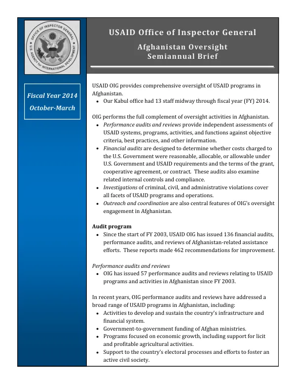 USAID OIG Afghanistan Oversight Semiannual Brief Fiscal Year 2014