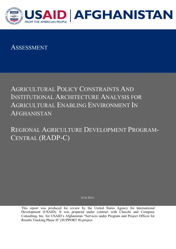 Agricultural Policy Constraints and Institutional Architecture Analysis for Agricultural Enabling Environment in Afghanistan