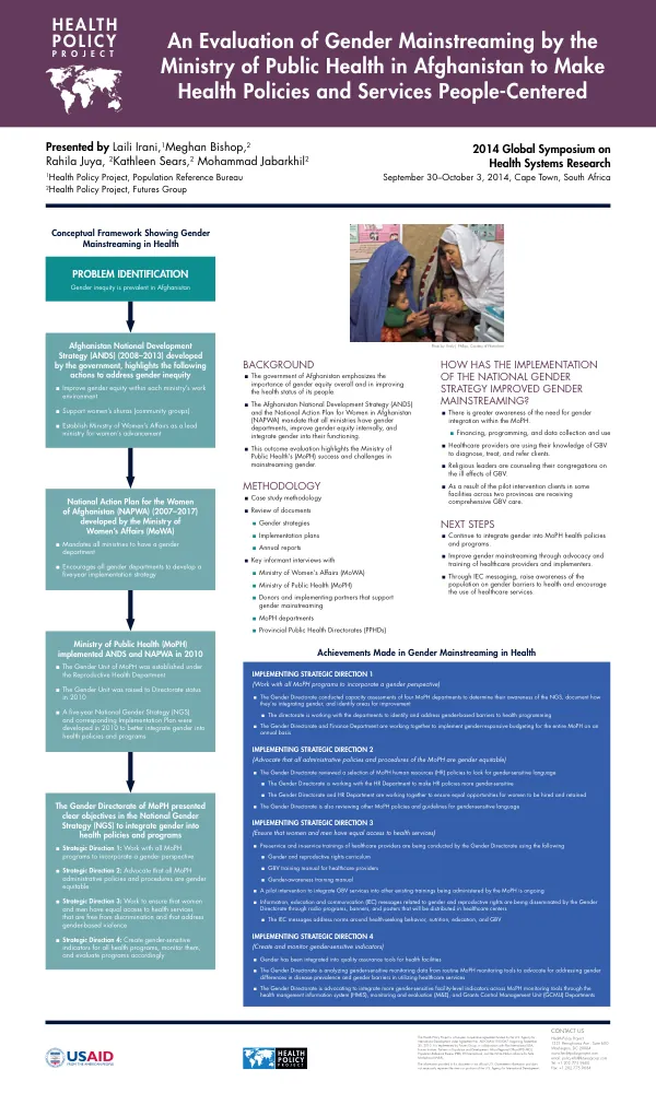An Evaluation of Gender Mainstreaming by the Ministry of Public Health in Afghanistan to Make Health Policies and Services People-Centered
