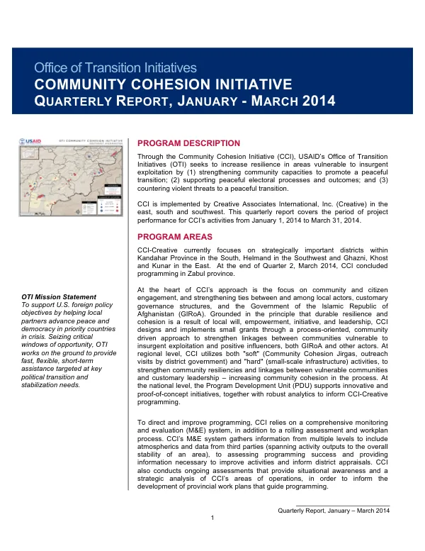 Quarterly Report, January-March 2014: Community Cohesion Initiative