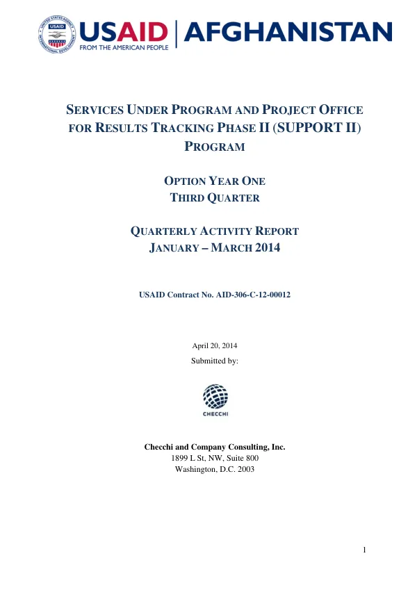 Quarterly Activity Report: Services Under Program and Project Office for Results Tracking Phase II (SUPPORT II) Program