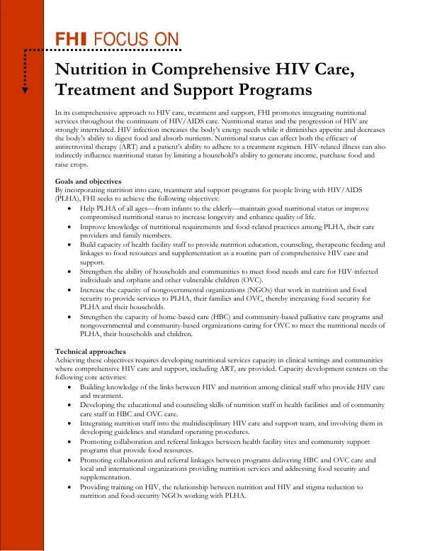 FHI focus on ... nutrition in comprehensive HIV care, treatment and support programs
