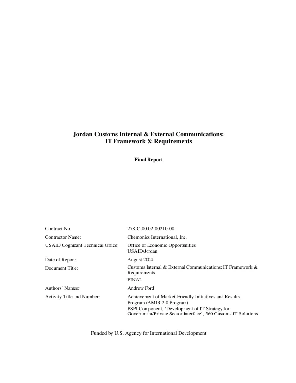 Jordan customs internal & external communications : IT [information technology] framework requirements : final report