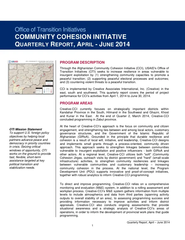Quarterly Report, April – June 2014: Afghanistan Community Cohesion Initiative
