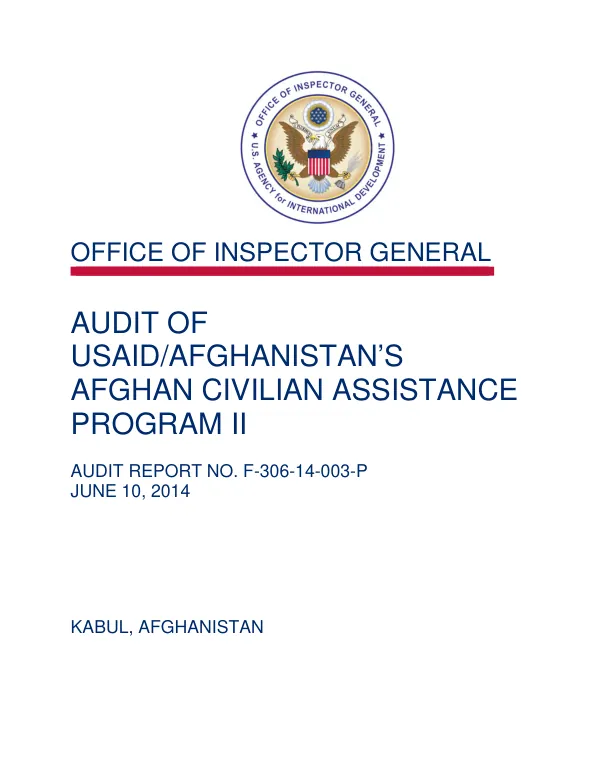 Audit of USAID/Afghanistan's Afghan Civilian Assistance Program II