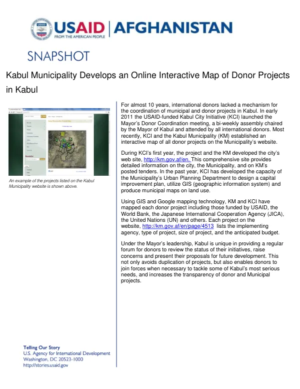 Kabul Municipality Develops an Online Interactive Map of Donor Projects in Kabul