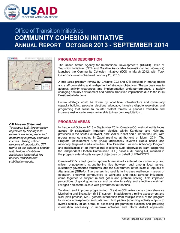 Annual Report: Community Cohesion Initiative, October 2013 – September 2014
