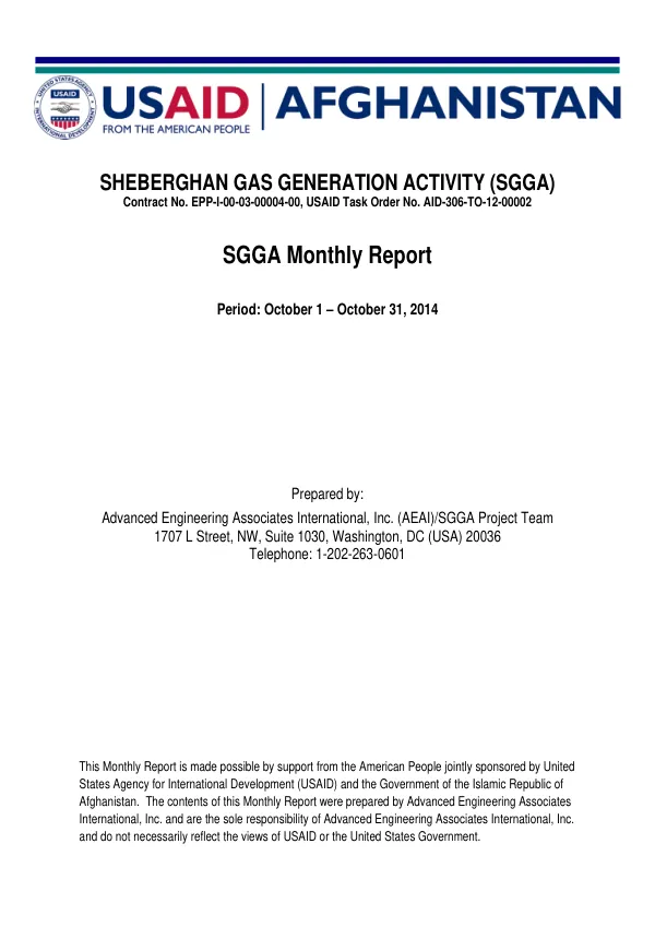 Sheberghan Gas Generation Activity (SGGA) Monthly Report October 1 – October 31, 2014