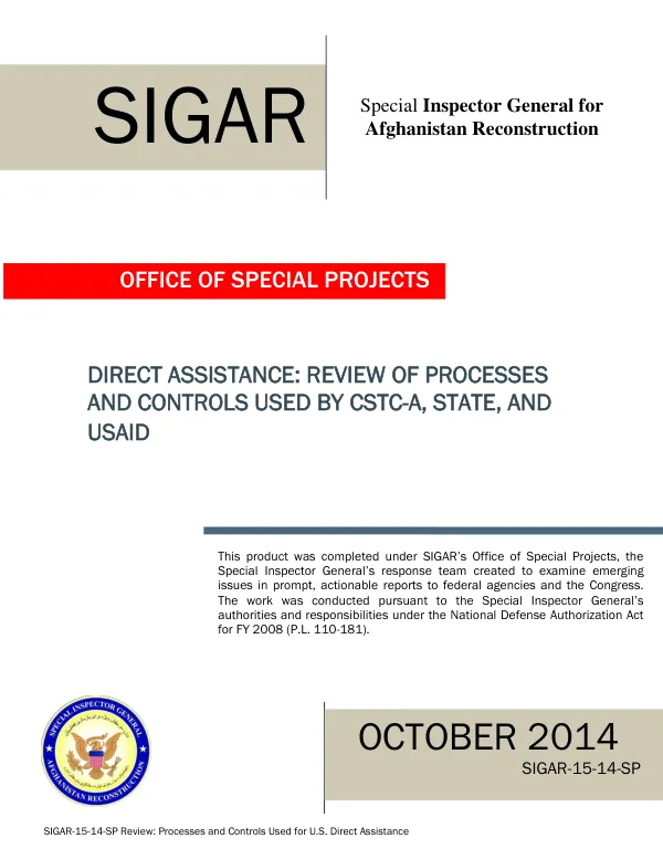 SIGAR-15-14-SP Review: Processes and Controls Used for U.S. Direct Assistance