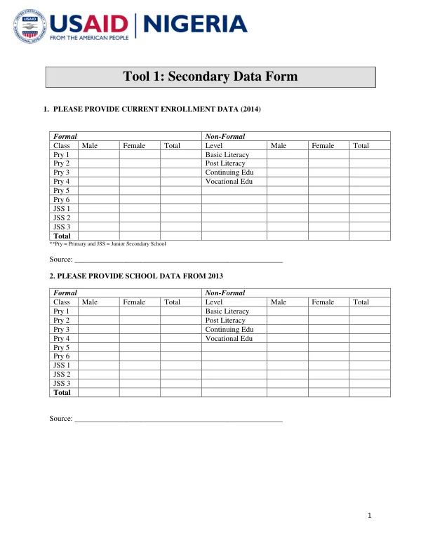 Secondary Data Form