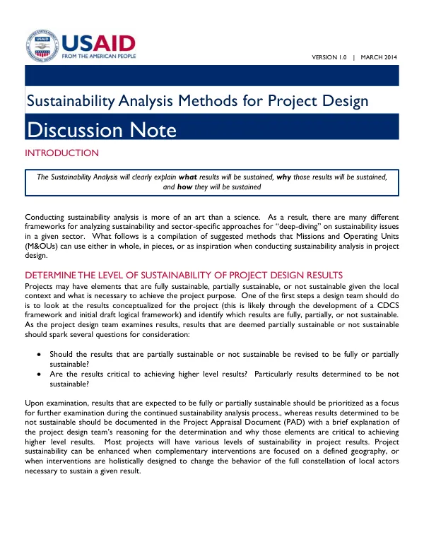 Sustainability Analysis Methods for Project Design