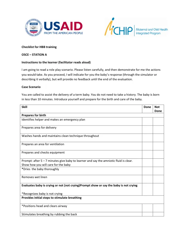 Checklist for HBB training