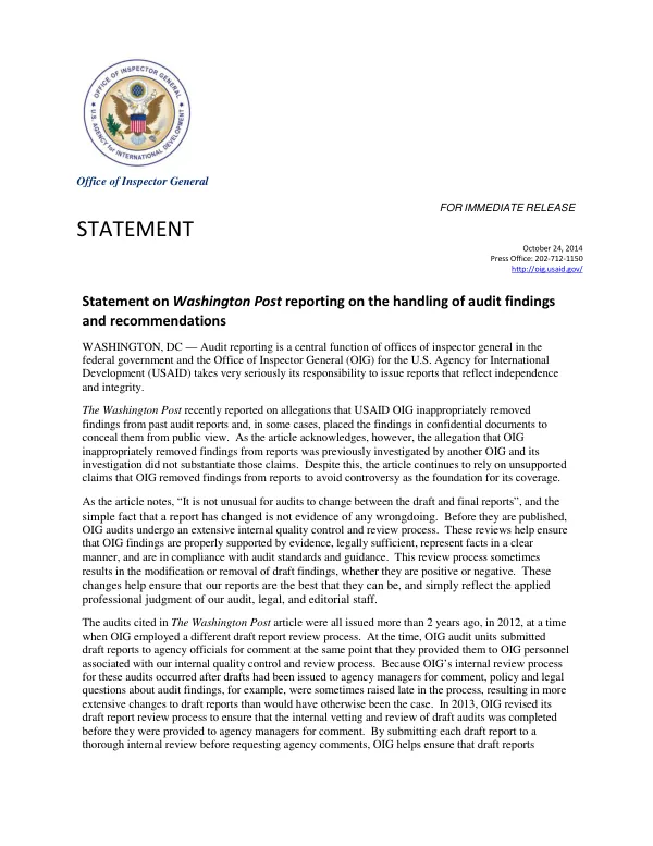 Statement on Washington Post reporting on the handling of audit findings and recommendations