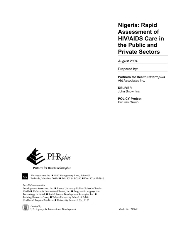 Nigeria : rapid assessment of HIV/AIDS care in the public and private sectors