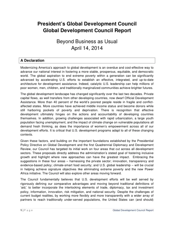 Global Development Council Report: Beyond Business as Usual