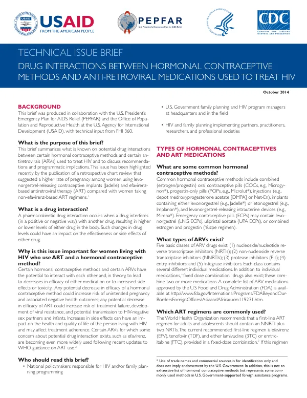 Technical Issue Brief: Drug Interactions Between Hormonal Contraceptive Methods and Anti-Retroviral Medications Used to Treat HIV