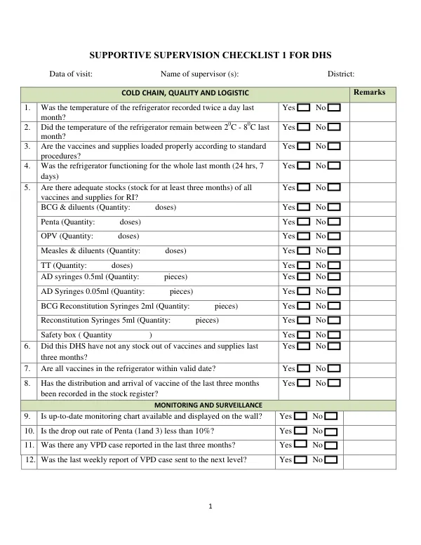 Supportive Supervision Checklist for DHS and Health Facilities