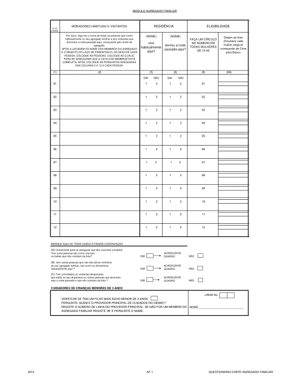 Questionário Chefe Agregado Familiar
