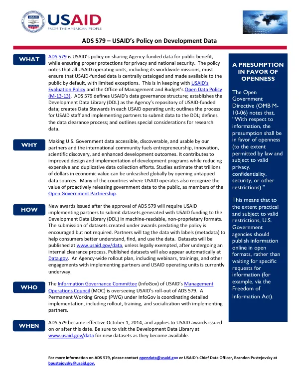 ADS 579 – USAID’s Policy on Development Data