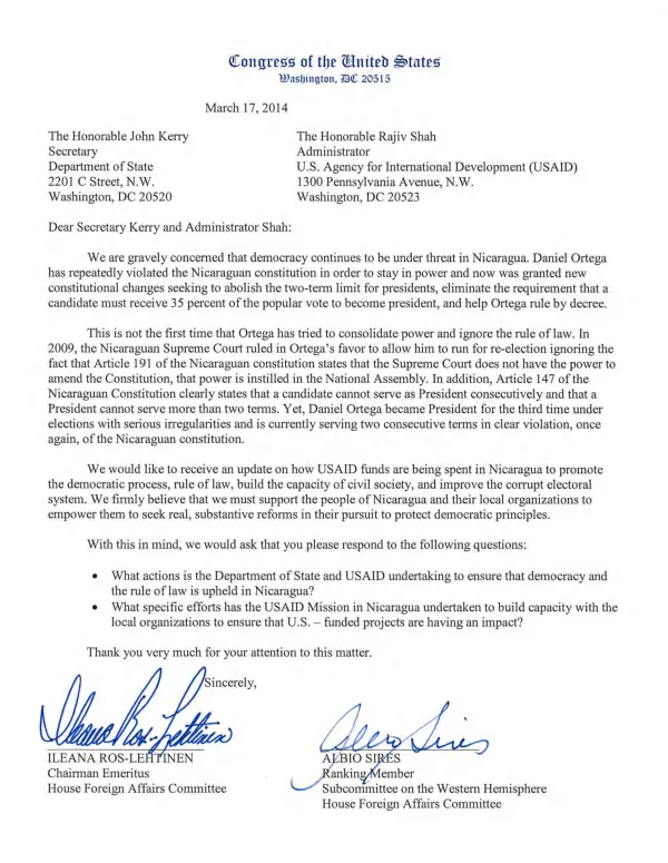 Letter to the Honorable John Kerry and Administrator Shah regarding democracy in Nicaragua