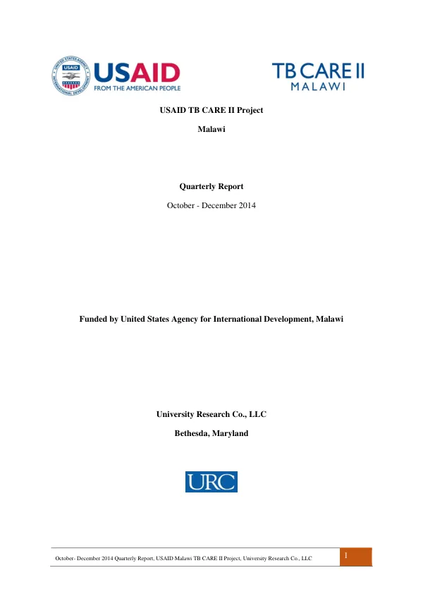 October- December 2014 Quarterly Report, USAID Malawi TB CARE II Project