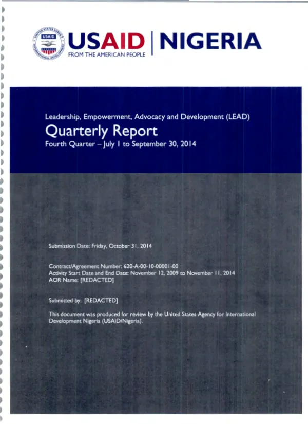 USAID I Nigeria Quarterly Report Nigeria Leadership, Empowerment, Advocacy and Development (LEAD), Fourth Quarter (July-September 2014)