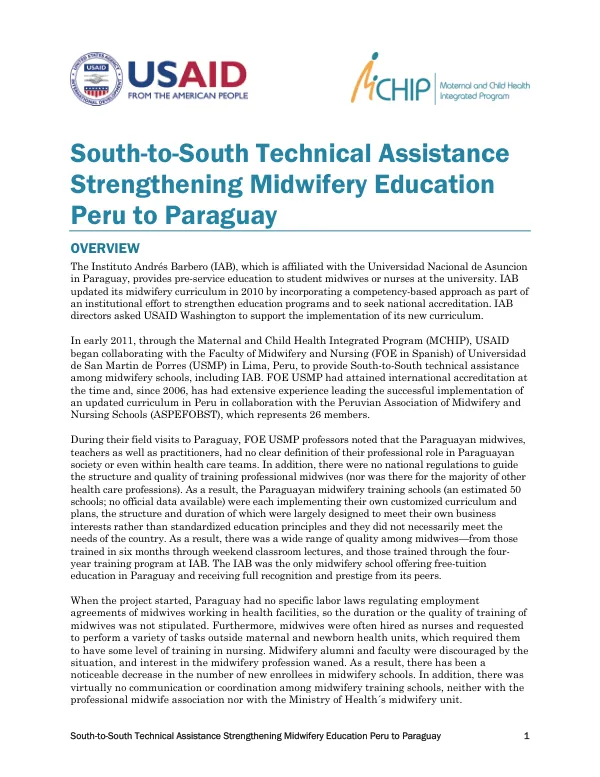 South-to-South Technical Assistance Strengthening Midwifery Education Peru to Paraguay