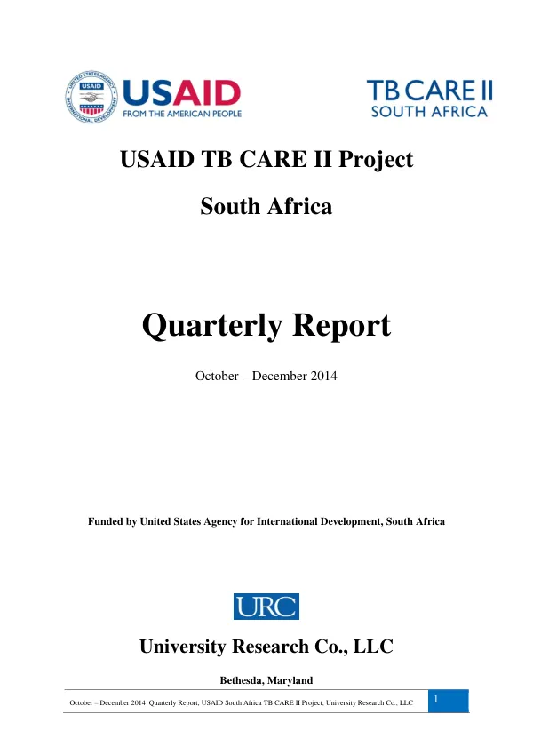 Quarterly Report: USAID South Africa TB CARE II Project, October – December 2014
