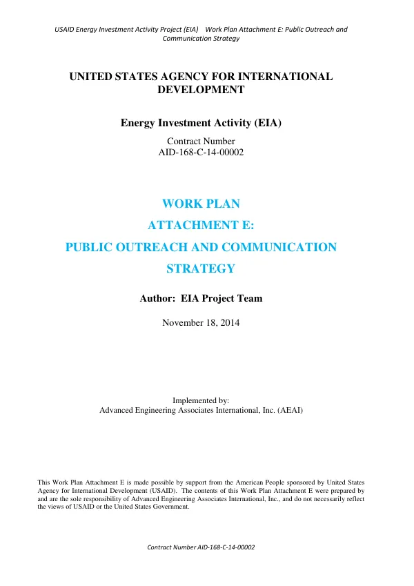 USAID Energy Investment Activity Project (EIA) Work Plan Attachment E: Public Outreach and Communication Strategy