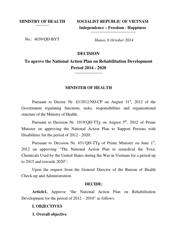 National Action Plan on Rehabilitation Development for the period of 2012 – 2020
