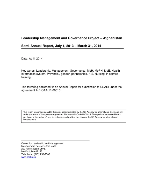 Leadership, Management and Governance Project – Afghanistan Semi-Annual Report, July 1, 2013 – March 31, 2014