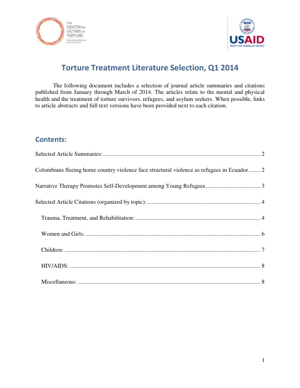 Torture Treatment Literature Selection, Q1 2014