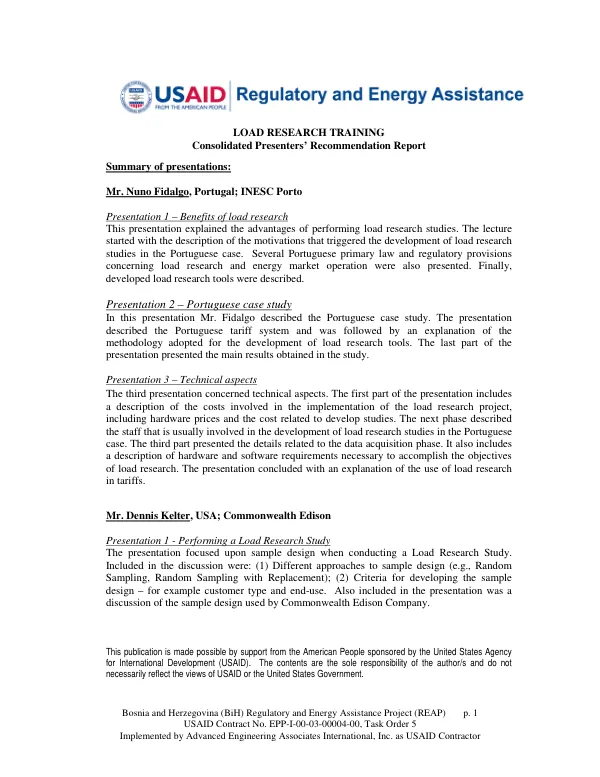 Bosnia and Herzegovina (BiH) Regulatory and Energy Assistance Project (REAP) Consolidated Presenters’ Recommendation Report