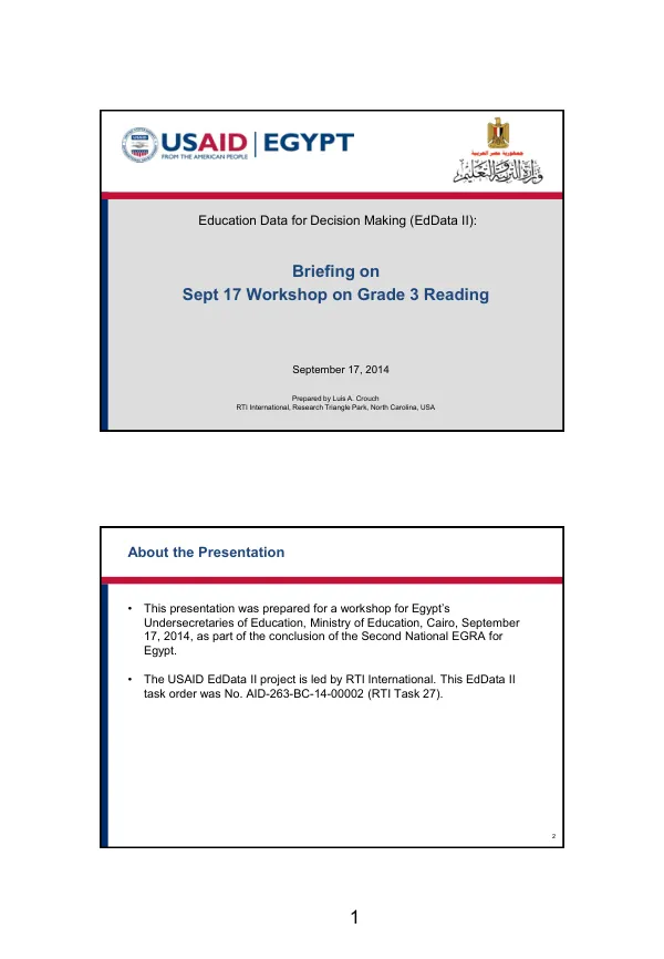Briefing on Sept 17 Workshop on Grade 3 Reading