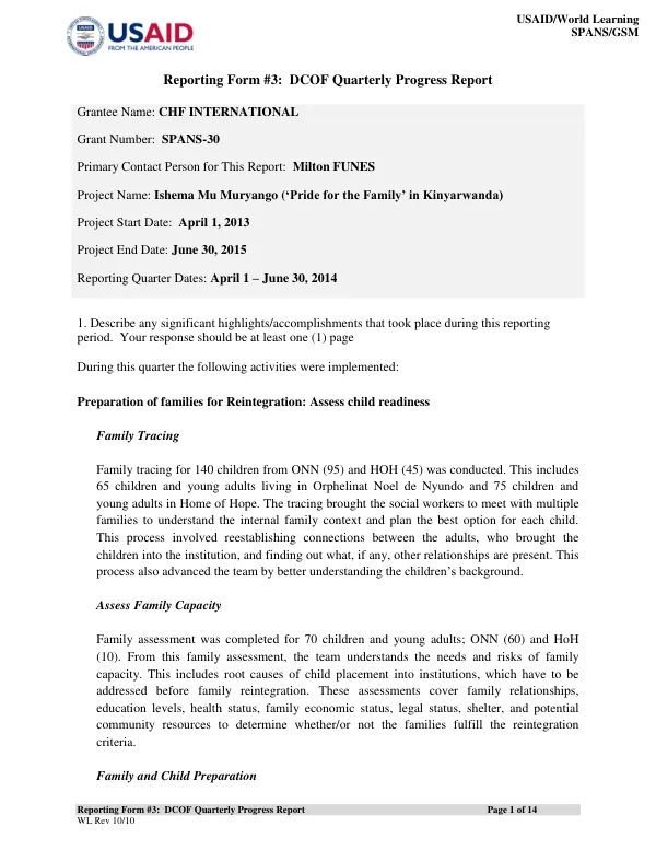 DCOF Quarterly Progress Report April-June 2014