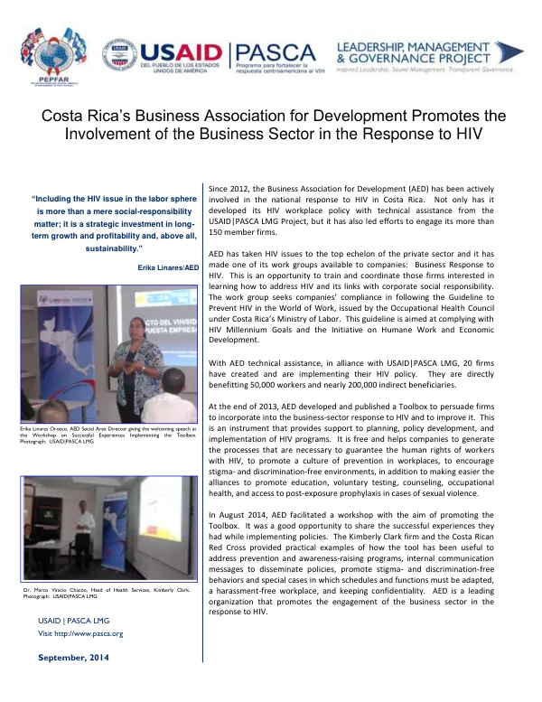 Costa Rica’s Business Association for Development Promotes the Involvement of the Business Sector in the Response to HIV